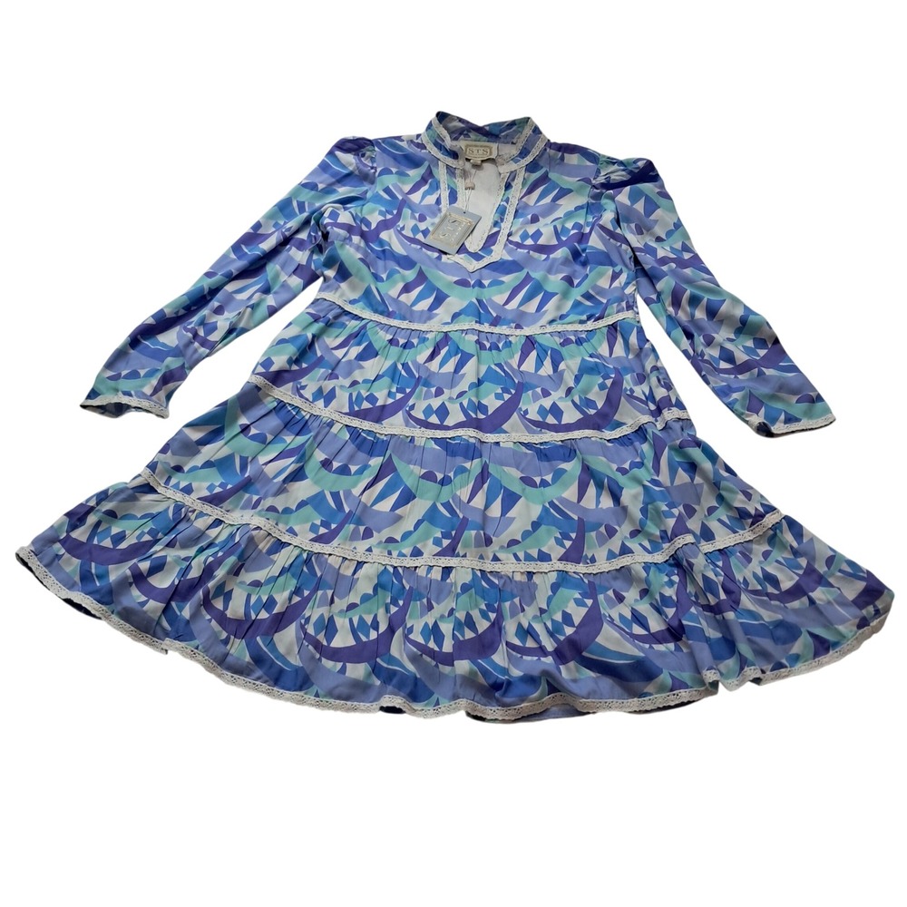NWT Sail to Sable Penelope Dress Womens Medium Blue Mini Tiered Lace Vacation